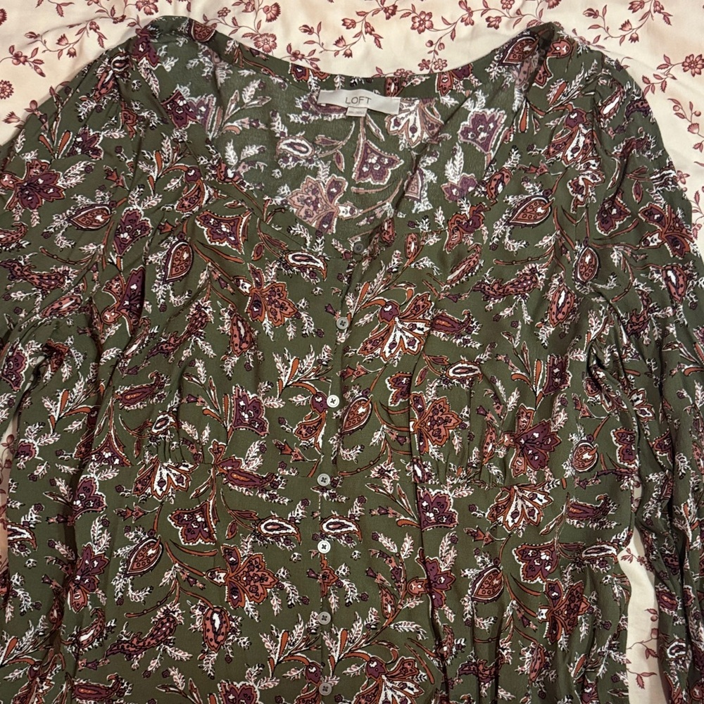 LOFT Olive and Burgundy Paisley Blouse